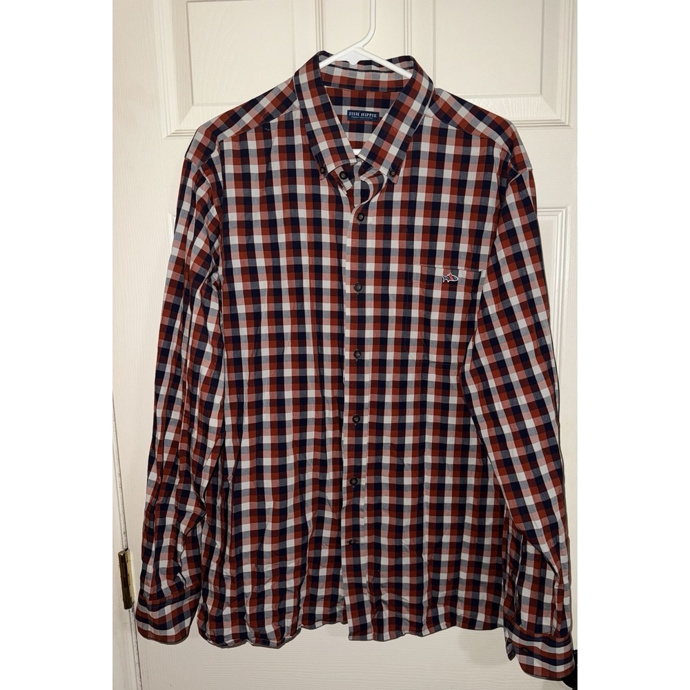 Fish Hippie Solace Shirt Mens Xl Orange Blue Plaid Long Sleeve Button Shirt